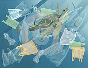 Ocean with polluted water plastic bags and bottles turtle in dirty water flat vector illustration