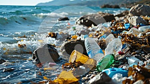 Ocean pollution. coastlines polluted with plastic waste. Ecological concept, plastic waste recycling, earth day, poster photo