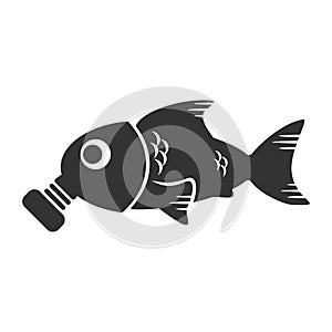 Ocean pollution concept. Fish in a gas mask and environmental problems. Vector pictogram illustration. Marine pollution