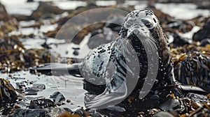 Ocean pollution, the impact of oil spills on marine flora and fauna and coastal ecosystems. A surprised seal, covered with oil
