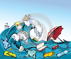 Ocean pollution from plastic waste. Vector drawing
