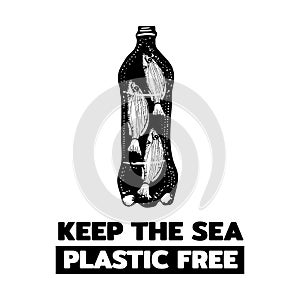 Ocean pollution vector illustration. Fish in a plastic bottle. Ecological poster.  Keep the sea, plastic free concept.