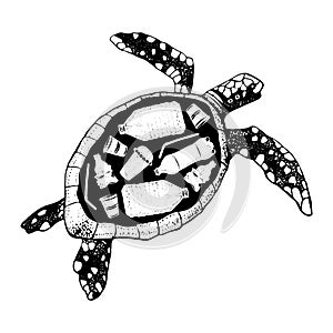 Ocean pollution vector illustration. Rubbish in a turtle Ecological poster. Hand drawn plastic garbage: Bottle, Package