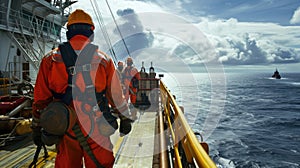 Ocean rig workers on water rig wearing helmets for protection. AIG41