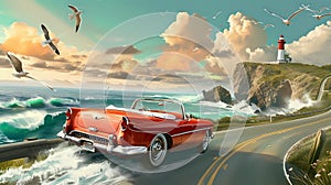 Ocean Road escapade: Convertible Racing the Waves./n