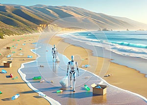 Ocean Robotic Beach Clean-up Crew Pollution Plastics Bottles Climate Change AI Generated