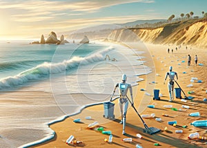 Ocean Robotic Beach Clean-up Crew Pollution Plastics Bottles Climate Change AI Generated