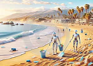 Ocean Robotic Beach Clean-up Crew Pollution Plastics Bottles Climate Change AI Generated