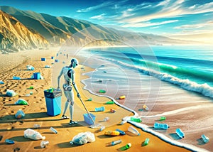 Ocean Robotic Beach Clean-up Crew Pollution Plastics Bottles Climate Change AI Generated