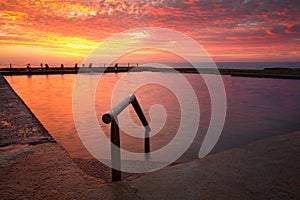 Ocean rock pool under blazing red sky