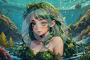 Ocean\'s Enchantment The Tale of the Adult Seaweed Fairy with Gold Eyes, Wrapped in Seaweed