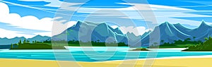 Ocean sandy shore. Tropical beach. Blue sky, mountains in the distance. Flat style. Vector illustration. Bay in the sea or a large