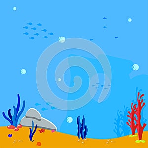 Ocean scene. Underwater background. Bubbles water and silhouette seaweed, algae and coral. Blue silhouette fish. Vector