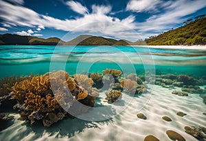 an ocean scene from the underwater view looking at coral reefs