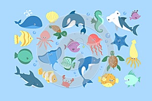 Ocean and sea animal set. Collection of aquatic creature