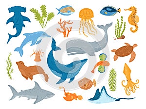 Ocean and sea animals and fish, set of isolated vector illustrations. Marine sea underwater creatures and mammals, whale