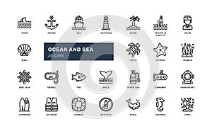 Ocean and sea detailed outline icons set with illustrations of marine life, underwater scenes, and ocean-themed symbols. Perfect