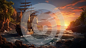 Ocean sea ship transportation sail sunset