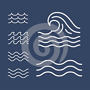 Ocean, sea waves flat simple lines, icons