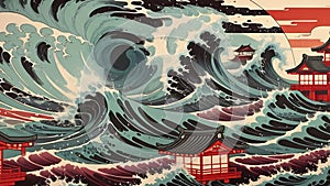 Ocean seascape with waves in asian style. AI generated video