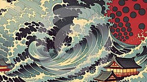 Ocean seascape with waves in asian style. AI generated video