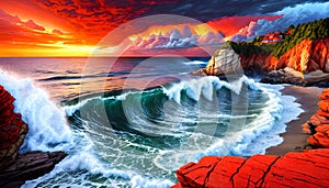 Ocean seashore storm wave breaking mystic design background art