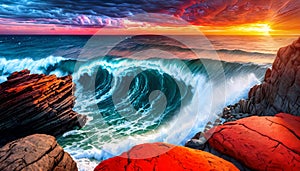 Ocean seashore wave breaking rocky shore evening storm yellow orange color