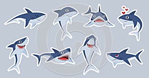 Ocean shark mascot. Happy sharks, scary jaws and underwater swimming cute character, emotions fish for stickers, patches