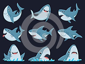 Ocean shark mascot. Scary sharks animals, smiling jaws and swimming shark cartoon vector illustration set