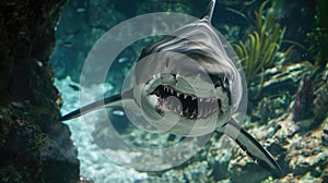 Ocean shark with open toothy dangerous mouth with many teeth. Underwater blue sea clear water. AI Generated
