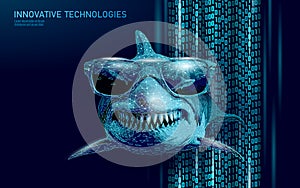 Ocean shark in sunglasses. Open toothy dangerous mouth with many teeth. Underwater blue sea waves clear water shark