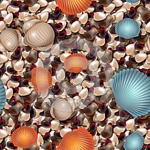 Ocean shore with colored sea stones. Sea pebble with shells seamless pattern of different shapes.