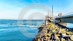 Ocean side view of the concrete structure of the Storm Surge Barrier