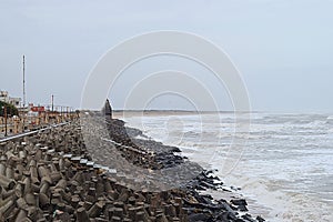 Ocean, Stony Beach with Stairs, and Temple at Distance - Devbhumi Dwarka, Gujarat, India