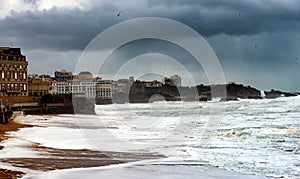 Ocean storm weather with huge waves in Biarritz, France