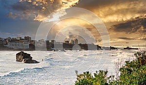 Ocean storm weather with huge waves in Biarritz, France