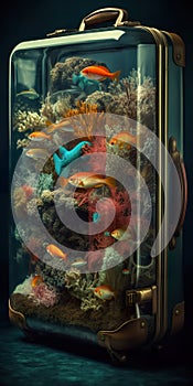 Ocean in suitcase, coral reef, fishes and sea creatures in transparent showcase, concept AI generative illustration