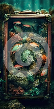 Ocean in suitcase, coral reef, fishes and sea creatures in transparent showcase, concept AI generative illustration