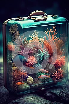 Ocean in suitcase, coral reef, fishes and sea creatures in transparent showcase, concept AI generative illustration