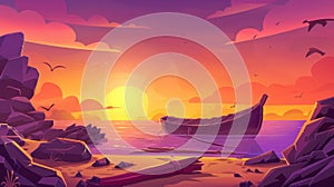 An ocean sunrise landscape with a wooden boat and a rising sun on the horizon at morning. Modern parallax background