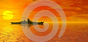 Ocean sunset and battleship photo