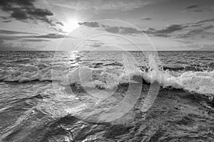 Ocean Sunset Sea Wave Water Splashing Sun Ray Surf Sunlight Black And White Image