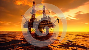 Ocean Sunset Serenity: Oil Rig against the Sea\'s Golden Glow - Generative AI