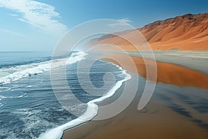 ocean surf on a foggy deserted shore