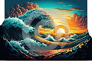 Ocean surface with big waves, sunset, Generative Ai