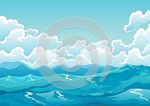 Ocean surface or landscape. Water waves, blue sky and white clouds graphics, cartoon seascape or waterscape. Vector