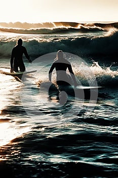 Ocean surfers waiting for the front wave