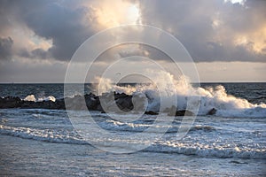 Ocean Surge Crashes on Rock Jetty