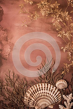 Ocean theme brown background, vertical natura backdrop with blank space, grunge texture, tropical sea shells, copy space