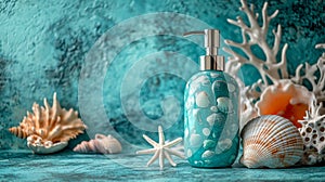 Ocean-themed soap dispenser with seashells on textured aqua background photo